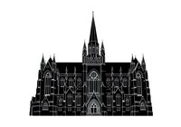 Gothic cathedral with ornate spires and detailed architectural elements, isolated on white background for design projects, posters, and educational materials.