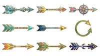 Decorative arrows and compass rose with ornamental details in teal, gold, and burgundy tones. Isolated clipart elements suitable for design projects.