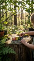 Young woman arranging colorful alphabet blocks spelling GROW on tree stump in lush forest garden setting with potted plants and natural sunlight filtering through trees.