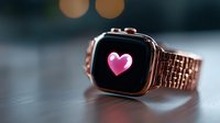 Pink heart on smartwatch display with rose gold metal band, soft bokeh background creates romantic mood for wellness and technology lifestyle concept.
