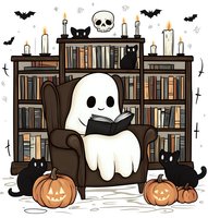Cozy ghost reading book in armchair surrounded by black cats, bookshelf, candles, skull and pumpkins. Halloween themed cartoon illustration on white background.
