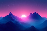 Majestic mountain peaks silhouetted against vibrant purple and pink sunset sky with rising moon creating dreamy atmospheric landscape for wall art and digital backgrounds.