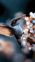 Hummingbird feeding on spring cherry blossom nectar in soft morning light, wings spread wide showing detailed feathers against blurred dark background.
