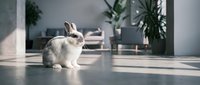 Fluffy white rabbit sitting on a sunlit floor in a modern living room with soft natural light and blurred interior background.