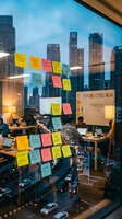 Modern office workspace with colorful sticky notes on glass window overlooking city skyline at dusk, team collaborating on strategy project with laptops and presentation board visible.