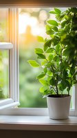 Green houseplant with fresh leaves in white pot on windowsill, sunlight streaming through window creating soft bokeh effect in background, bright morning atmosphere.