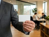 Businessman in gray suit holding blank white business card in modern office environment with colleagues working in background.