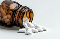 White pharmaceutical pills spilling from brown glass medicine bottle on light background, dramatic medical composition for healthcare concepts.