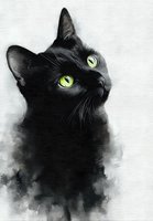 Black cat with bright green eyes gazing upward against light background, body fading into smoky effect. Artistic portrait for Halloween or mystical themes.