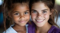Young girls with diverse ethnicities smiling together, showing friendship and happiness. Suitable for educational materials, diversity campaigns, children's content, and community programs.