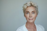 Confident mature woman with short blonde hair and striking blue eyes wearing white shirt against neutral background, expressing wisdom and vitality.