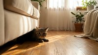 Tabby cat resting on warm wooden floor beside a cozy sofa in a sunlit living room with green plants and soft natural light.