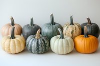 Assorted decorative pumpkins in muted pastel colors and traditional orange arranged in two rows on white background, featuring different sizes and textures.