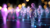 Glowing digital wireframe figures standing on network connections with purple and blue lighting effects against dark background with bokeh lights.