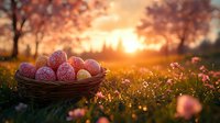 Fresh strawberries in wicker basket on grass at golden sunset. Magical summer evening atmosphere with bokeh lights and pink wildflowers in meadow.