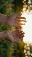Open hands reaching toward golden sunlight with warm bokeh background creating peaceful spiritual moment for meditation and wellness concepts.