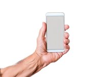 Male hand holding modern white smartphone with blank screen isolated on white background, mockup for app or web design presentation.