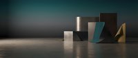 Modern geometric shapes and cylinders in neutral tones arranged on reflective surface with dramatic lighting for contemporary design projects.
