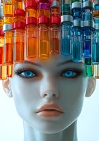Surreal portrait featuring vibrant glass vials in rainbow colors arranged as hair above pale face with bright blue eyes, artistic beauty concept for cosmetics and creativity.