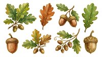 Watercolor oak leaves and acorns in autumn shades of green, brown, and gold, isolated on white background, ready for design projects, invitations, and seasonal decorations.