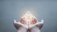 Cupped hands holding glowing geometric light symbols representing innovation, technology and digital transformation concepts for business presentations.