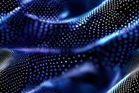 Digital wave of glowing blue particles flowing in abstract motion, representing data stream, technology, and digital transformation for tech backgrounds and futuristic designs.