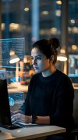 Young Hispanic female software developer coding on computer in modern office at night with city lights background for technology and programming projects.
