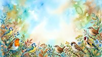 Watercolor spring garden frame with colorful songbirds perched among blooming branches and foliage, creating natural border for text or design elements.