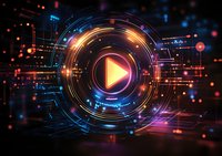 Glowing play button surrounded by futuristic circular elements and digital lines in dark space with orange and blue light effects. Modern technology concept.