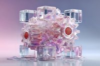 Translucent geometric abstract sculpture with pink and clear crystal elements arranged in mechanical formation against gradient purple background.