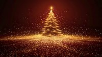 Magical glowing golden Christmas tree with sparkling light particles and stardust on dark background, festive holiday season celebration atmosphere.