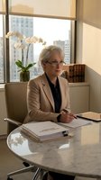 Senior businesswoman in beige suit working at modern office desk with city view. Professional executive reviewing documents in corporate workspace.