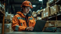 Young Asian warehouse worker in orange safety uniform and hard hat using laptop computer among storage racks with cardboard boxes in dark industrial facility.