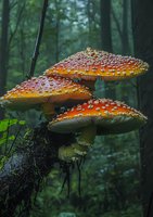 Vibrant red and white spotted amanita muscaria mushrooms growing on mossy tree trunk in misty forest setting, dramatic natural lighting creates mystical woodland atmosphere.