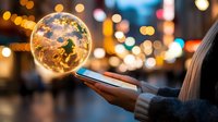 Glowing crystal ball floating above smartphone screen with bokeh city lights background creates magical evening atmosphere for fortune telling concept.