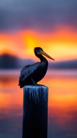 Silhouette of pelican perched on wooden post against vibrant orange and purple sunset sky over calm water, creating dramatic coastal wildlife scene.