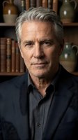 Mature Caucasian male with gray hair wearing dark blazer and charcoal shirt, positioned against library backdrop with vintage books and ceramic vessels, suitable for corporate, professional, and editorial use.