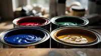 Four open paint cans with vibrant red, green, blue and yellow colors ready for home renovation and creative projects in workshop setting.