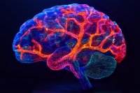 Glowing neon human brain anatomy with detailed neural network visualization showing blood vessels and nerve connections in vibrant blue and red colors on dark background.