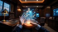 Businessman hands projecting holographic human figure with digital network connections in luxury office environment for technology presentations.