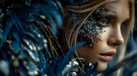 Young woman with artistic blue glitter makeup and feathers, creating dramatic fantasy portrait for beauty and fashion photography.