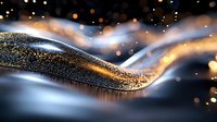 Luxurious abstract waves with golden glitter and bokeh lights on dark background create elegant flowing design pattern with sparkling particles.