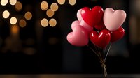 Heart-shaped red and pink balloons bunch against dark background with golden bokeh lights, romantic Valentine's Day celebration atmosphere.
