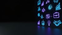 Glowing neon business icons floating in dark space with blue and purple light effects for digital technology presentations and corporate designs.