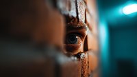 Close-up view of intense human eye peering through wooden fence gap with dramatic teal lighting, creating mysterious and suspenseful atmosphere.