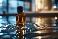 Small amber glass bottle with black cap standing in rippling water with dramatic lighting and reflections, creating serene spa-like atmosphere for wellness concepts.