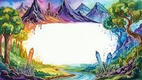 Fantasy landscape frame with mountains, trees and river creating magical border for text or design projects with mystical adventure theme.