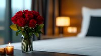 Fresh red roses in glass vase on bedroom table with glowing candle creating romantic atmosphere. White bedding and warm lamp light in background sets intimate mood.