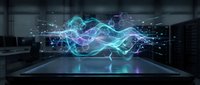 Futuristic holographic energy waves floating above modern tablet device with glowing blue and purple light effects in dark tech environment for digital concepts.