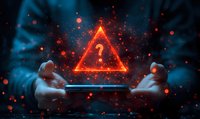 Glowing red triangle with question mark floating between white hands against dark blue background with magical sparkles and light effects.